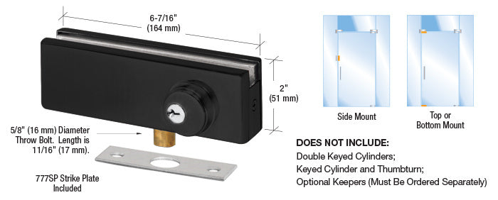 A matte black AMR series patch lock with a throw bolt and included strike plate, shown with dimension labels and mounting diagrams.