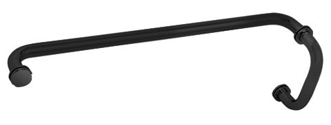 A matte black brass combination pull handle and towel bar designed for glass shower door mounting.