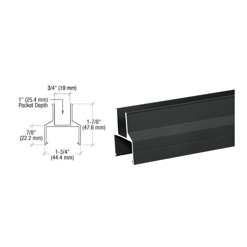 A technical diagram and perspective view of a matte black aluminum bottom rail for glass glazing.