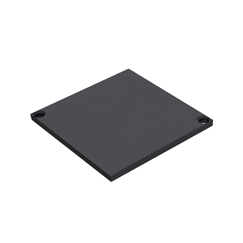 A square matte black aluminum Cielo post cap featuring two pre-drilled mounting holes at opposite corners.