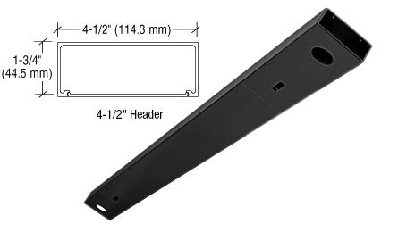 A matte black double door header is shown alongside a technical line drawing illustrating its 4-1/2 inch by 1-3/4 inch profile dimensions.