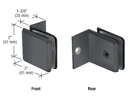 Front and rear views of a matte black brass beveled glass clamp with dimensions labeled for installation.