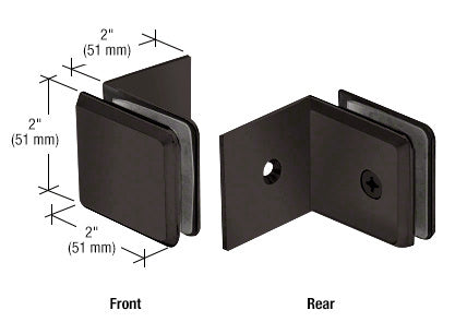 Front and rear views of a matte black brass beveled clamp for fixed glass panels with 2-inch dimensions shown.