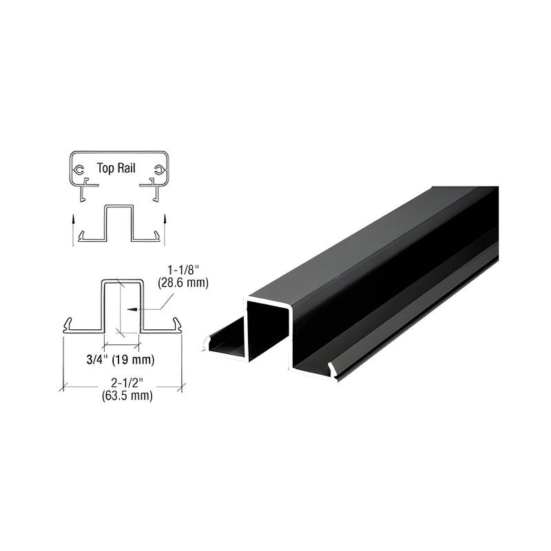 A technical diagram and perspective view showing the matte black aluminum glass rail infill profile.