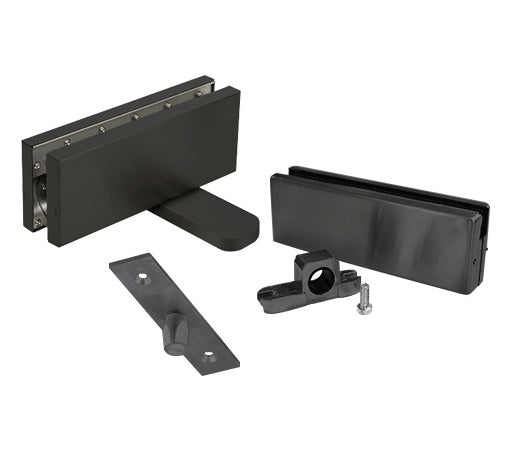 A matte black hydraulic patch door set including top and bottom patches, a pivot, and mounting hardware for glass doors.
