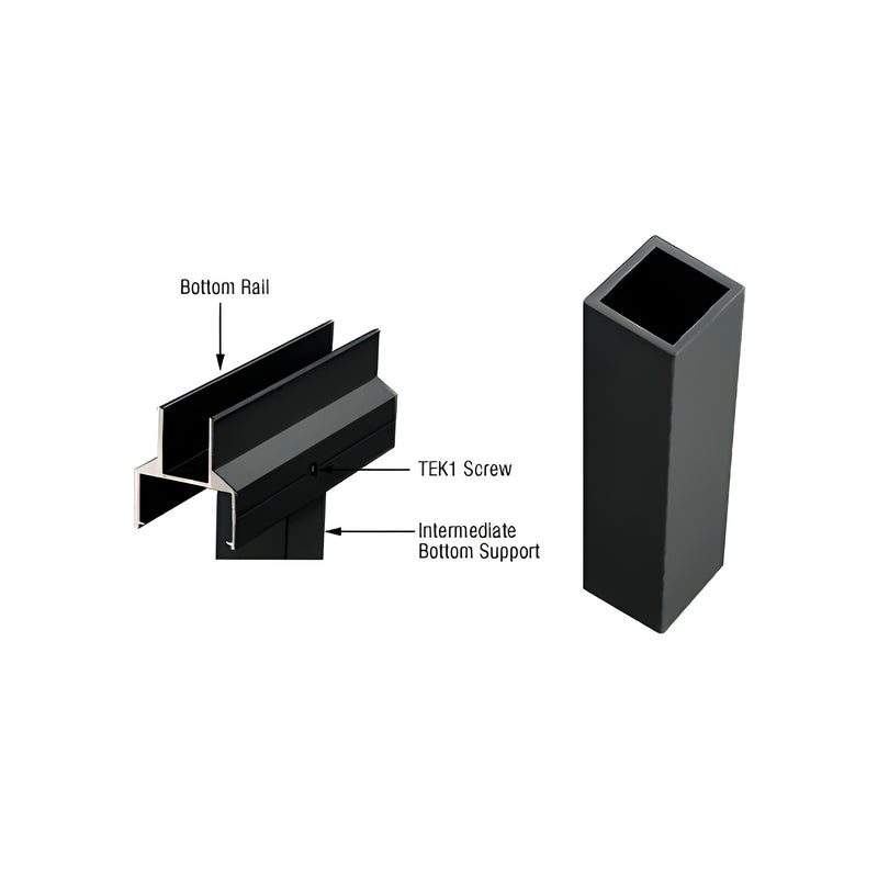 A matte black aluminum intermediate bottom support profile shown in a technical diagram with a bottom rail and square support post.