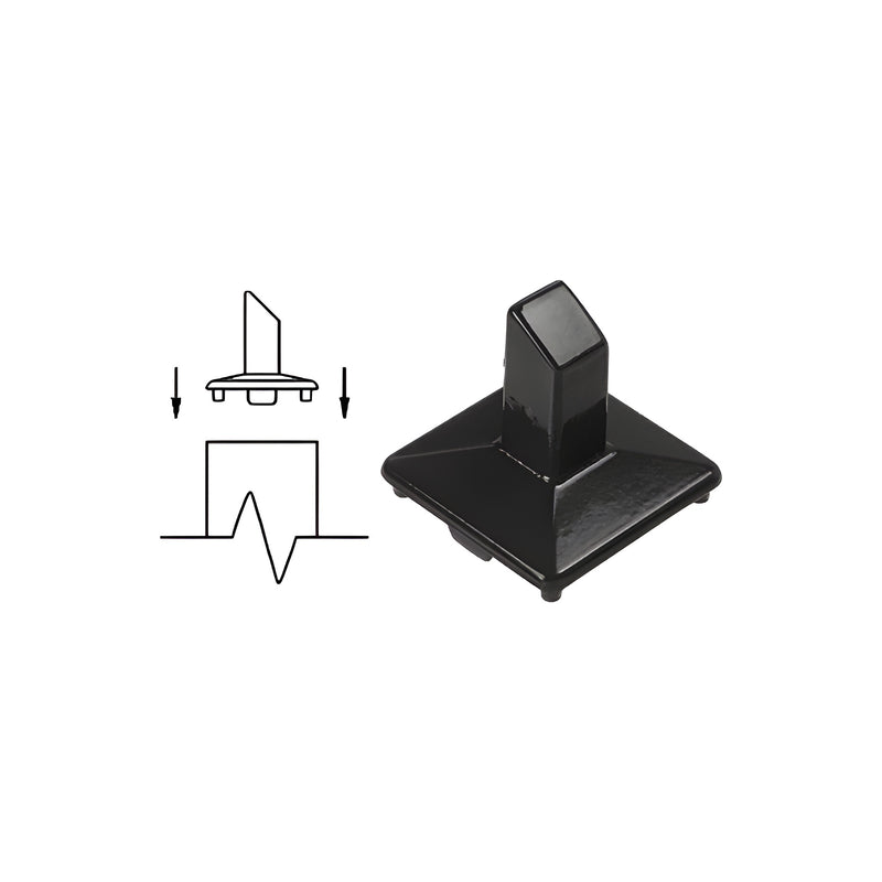 A matte black aluminum intermediate post fitting shown next to a diagram illustrating its installation orientation.