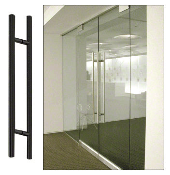 A 60-inch matte black ladder style back-to-back pull handle shown in isolation and installed on a commercial glass door.