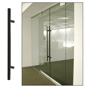 A matte black 48-inch ladder style single-sided pull handle shown in isolation and installed on a glass door.
