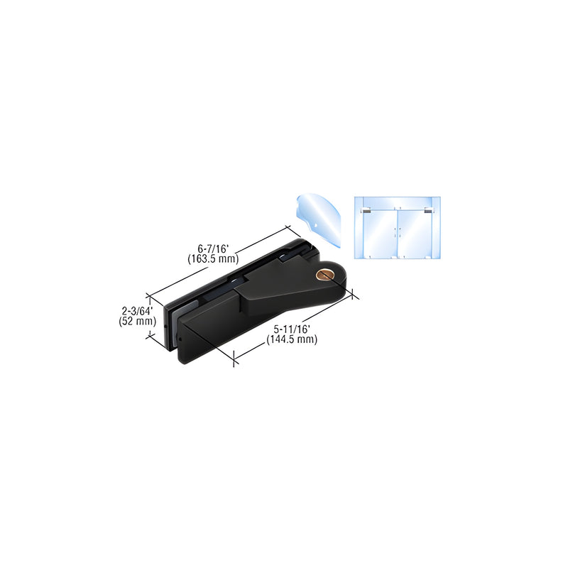 A matte black left offset top door patch fitting shown with technical dimension lines and a glass door installation diagram.