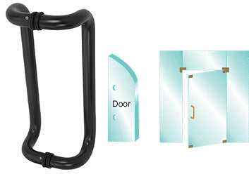 A matte black 12-inch offset pull handle shown with mounting diagrams for glass door installation.