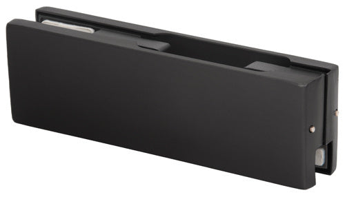 A matte black rectangular patch fitting for glass doors shown from an angled perspective.