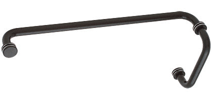 A matte black brass BM series combination pull handle and towel bar with metal washers for glass shower doors.