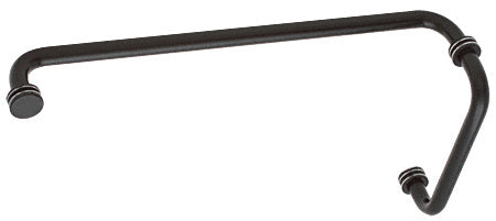 A matte black BM series combination pull handle and towel bar with metal washers for glass mounting.