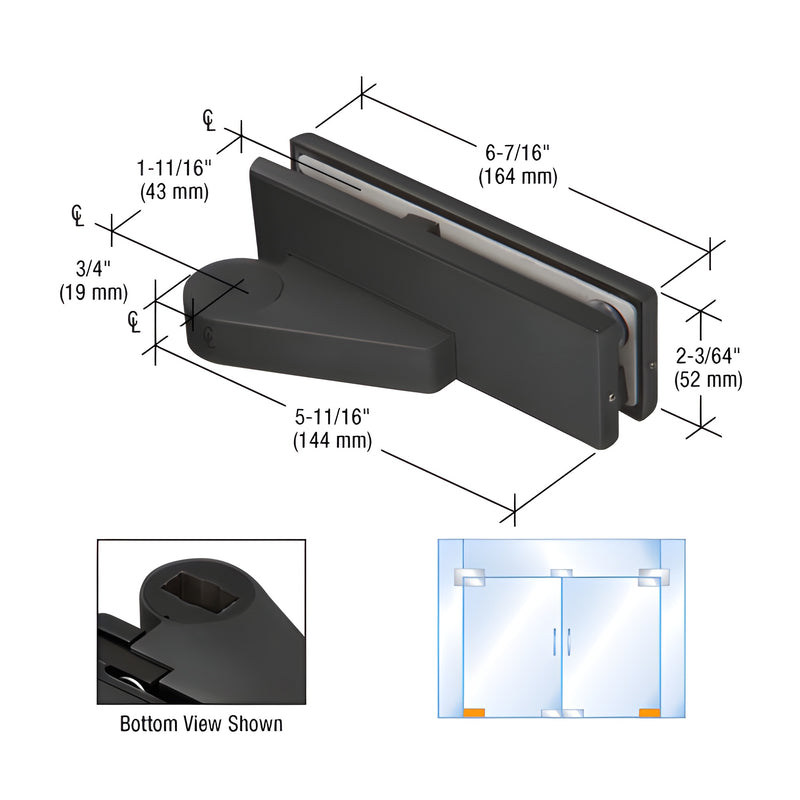 A technical diagram of a matte black right offset bottom door patch fitting showing dimensions and a glass door installation example.