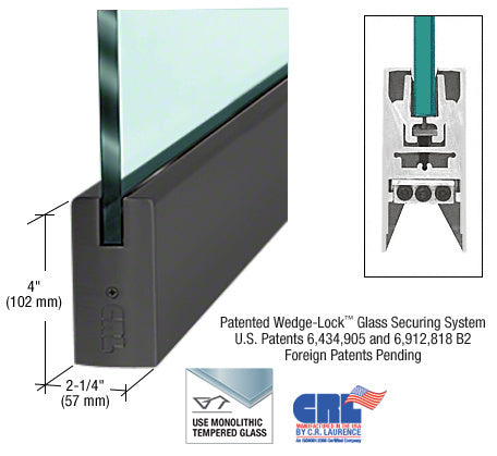 A matte black aluminum square door rail shown with a glass panel and a cross-section diagram of the Wedge-Lock securing system.