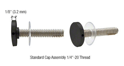 Two matte black brass studs with 1/4 inch-20 threaded shafts and clear washers shown in a standard cap assembly configuration.