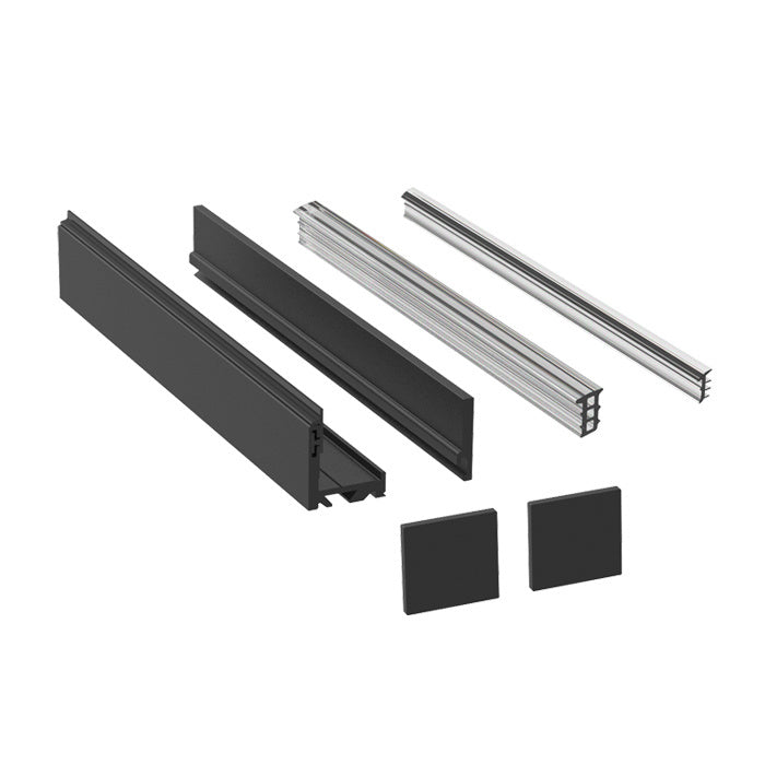 A set of matte black aluminum two-piece glazing channels and components for 5/16 inch glass.