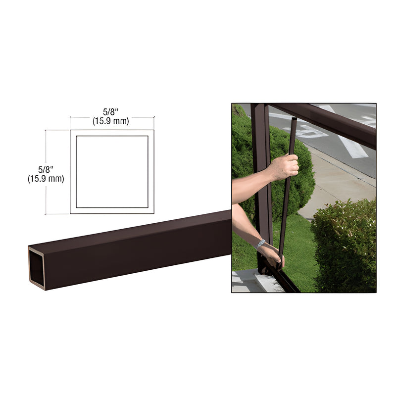 A matte bronze aluminum 100 Series picket is shown with a 5/8-inch square profile diagram and an installation demonstration.
