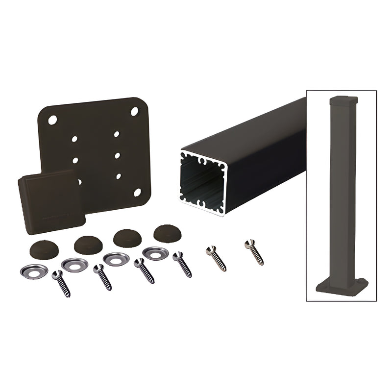 A matte bronze 36-inch aluminum square post kit featuring a base plate, mounting hardware, and a post cap.