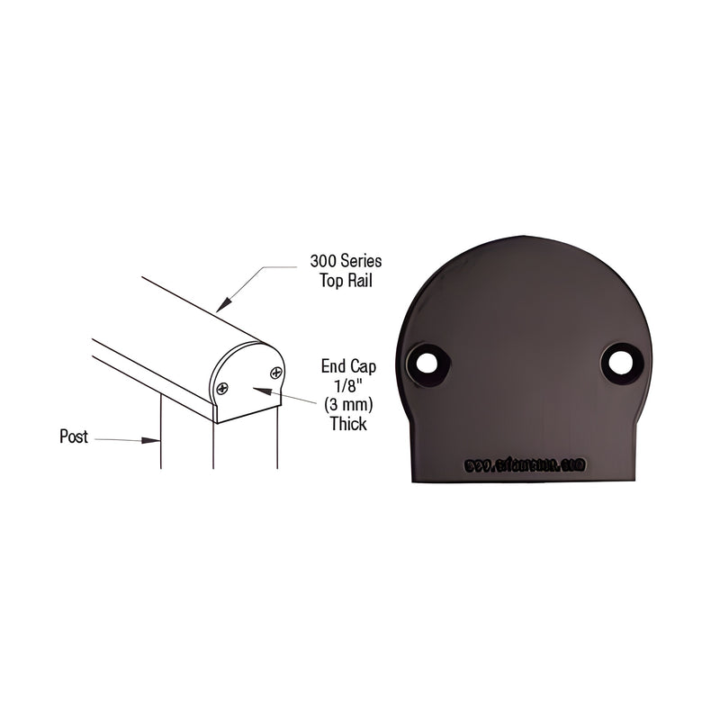 A matte bronze decorative end cap for 300 Series top rails shown next to a technical diagram of the installation.