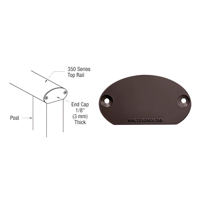 A matte bronze decorative end cap for 350 Series top rails shown next to a technical diagram of the rail assembly.