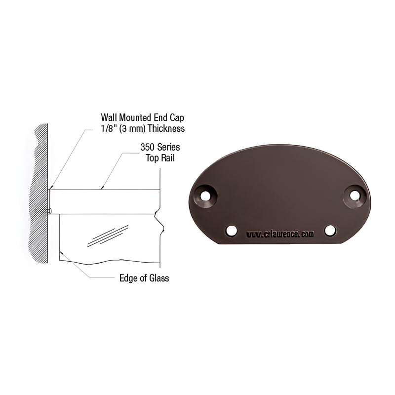 A matte bronze wall mount end cap for 350 series top rails shown next to a technical diagram of the installation.