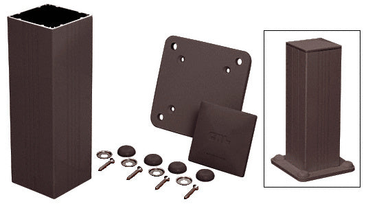 A matte bronze 36-inch square aluminum post kit featuring a base plate, mounting hardware, and a cover, shown both disassembled and fully assembled.