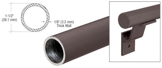 A matte bronze aluminum hand rail shown with a cross-section diagram and a mounting bracket detail.