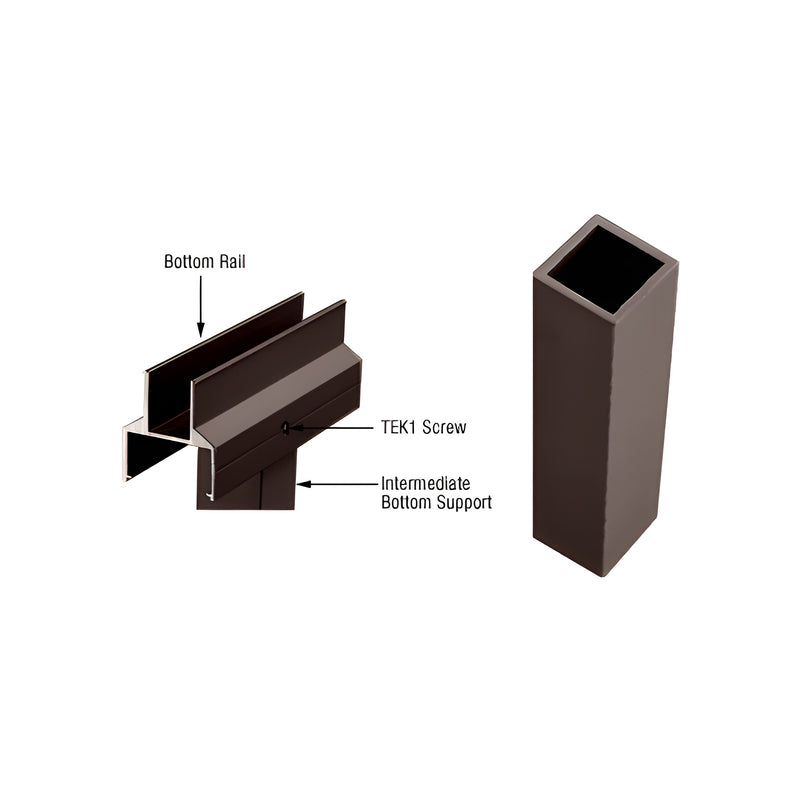 A matte bronze aluminum intermediate bottom support profile shown alongside a diagram of a bottom rail assembly.