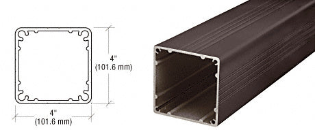 A technical diagram and a perspective view showing the 4-inch square profile of the matte bronze aluminum post.