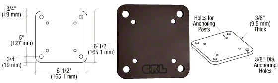 A technical diagram and top-down view of a square matte bronze aluminum base plate with anchoring holes.