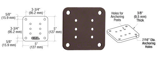 A technical diagram and top-down view of a 5-inch square aluminum base plate in matte bronze with pre-drilled anchoring holes.