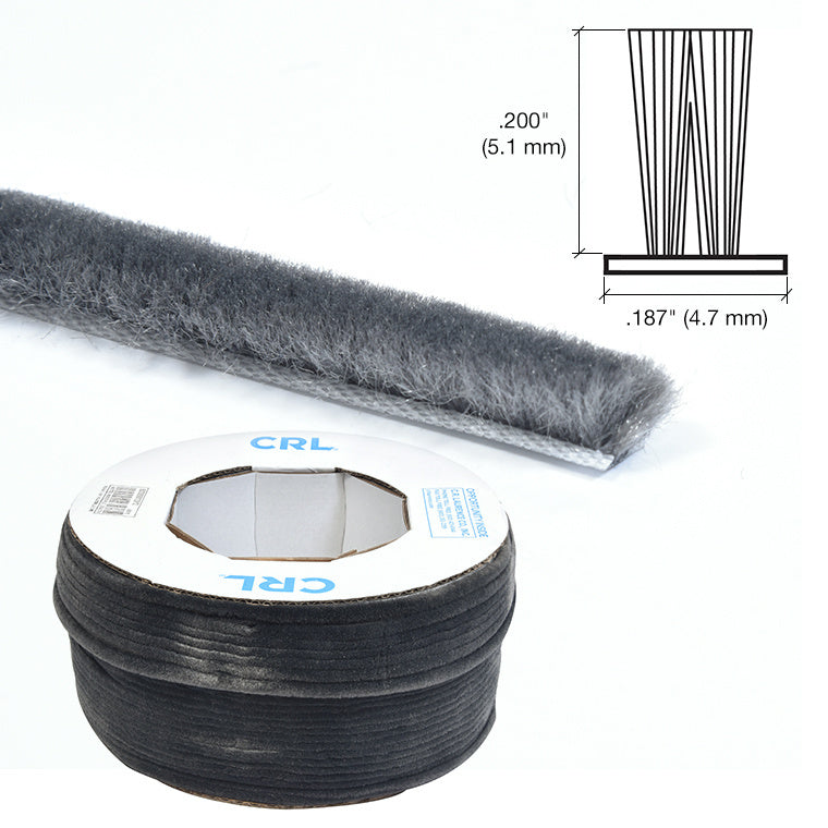 A roll of gray medium density window pile shown with a technical diagram indicating a .200 inch pile height and .187 inch backing width.