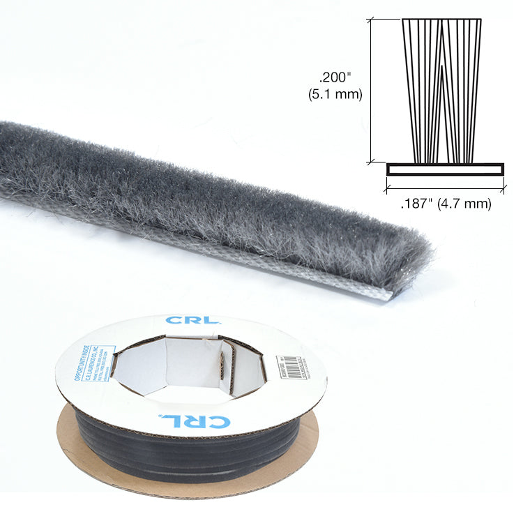 A 100-foot roll of gray medium density window pile shown with a technical diagram indicating a .200-inch pile height and .187-inch backing width.