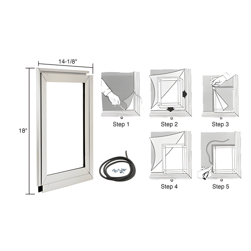 The CRL Medium Pet Door Adaptor features a clear anodized aluminum frame with installation hardware and a five-step instructional diagram.