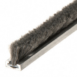 A close-up view of a 96-inch extruded aluminum meeting stile gasketing strip with a 5/16-inch gray pile.