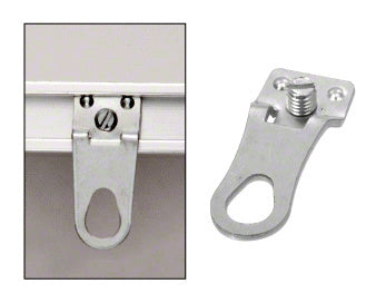 A metal hanger for aluminum frame molding shown both as a standalone piece and installed on a frame rail.