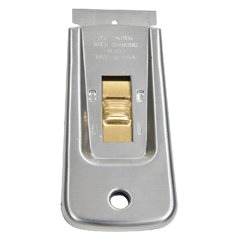 A 4-1/2 inch metal CRL safety razor blade holder and window scraper with a gold-colored retractable blade mechanism.
