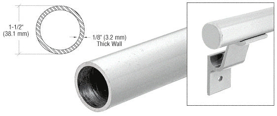 A technical diagram showing the 1-1/2 inch diameter and 1/8 inch wall thickness of the metallic silver aluminum hand rail.