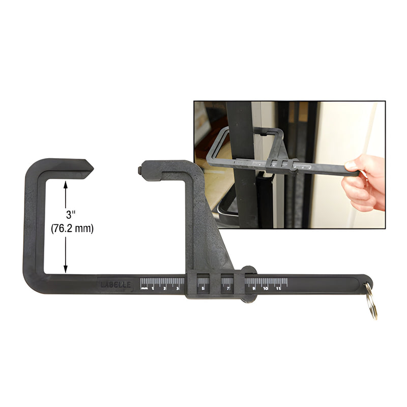 A black plastic insulating glass caliper with a 3-inch jaw reach is shown in isolation and in use measuring a glass panel.