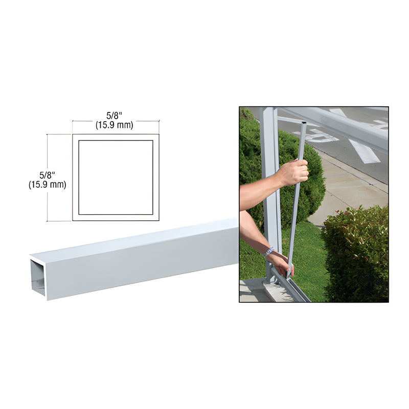 A diagram showing the 5/8 inch square profile of the CRL Mill 100 Series aluminum picket alongside a person installing the 42-inch picket into a railing system.
