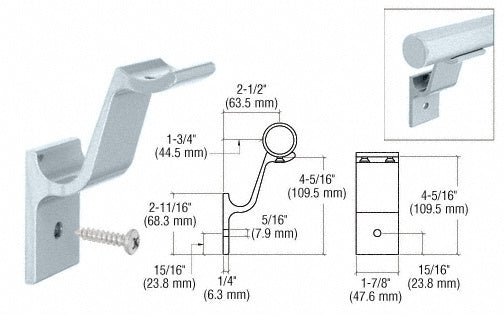 A technical diagram showing the CRL mill finish aluminum hand rail bracket for 1-1/2 inch tubing with mounting screw and dimensional measurements.