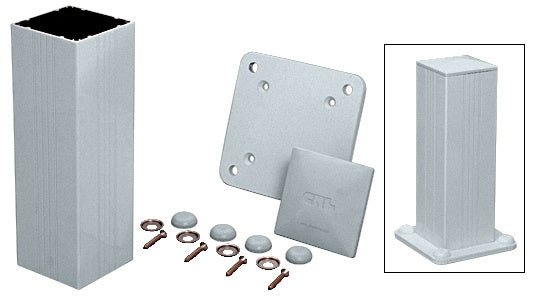 A 42-inch mill finish aluminum post kit featuring a square base plate, mounting hardware, and a fully assembled post view.