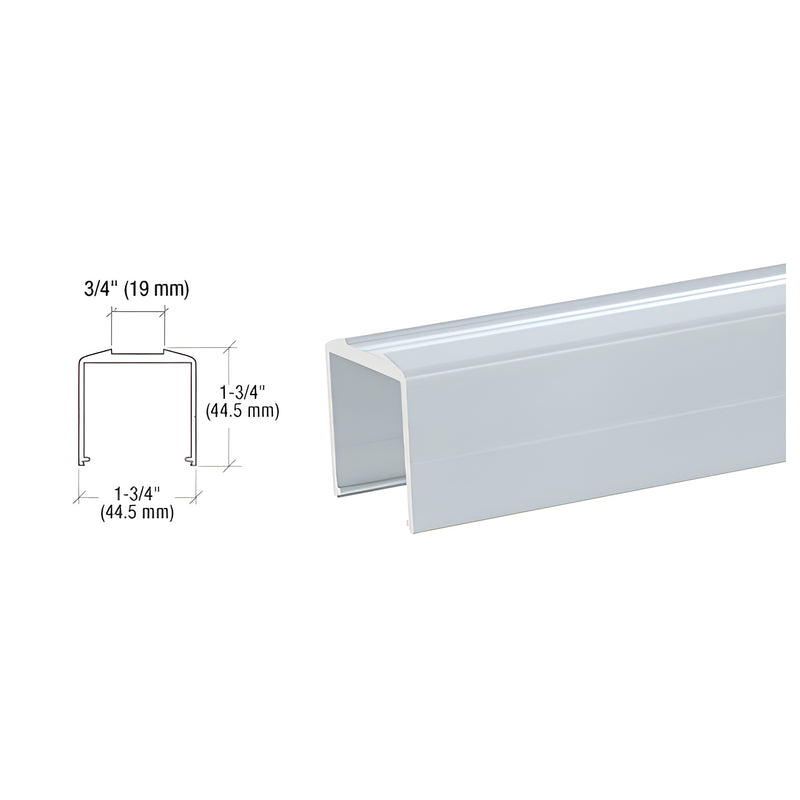 A technical diagram and perspective view of the aluminum mill finish bottom rail for pickets showing its 1-3/4 inch dimensions.