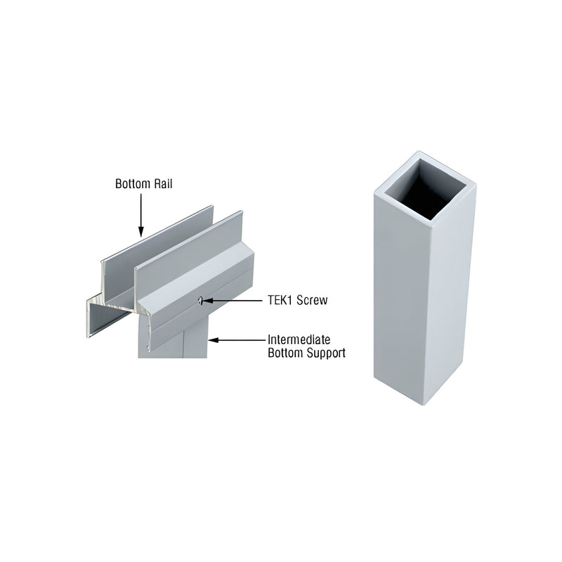 A mill finish aluminum intermediate bottom support shown in a technical diagram with a bottom rail and screw.