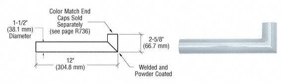 A technical diagram and product photo showing a 90-degree aluminum wall hand rail return for 1-1/2 inch diameter tubing.