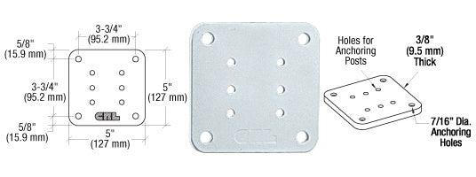 A technical diagram and top-down view of a square aluminum base plate with multiple pre-drilled anchoring holes.