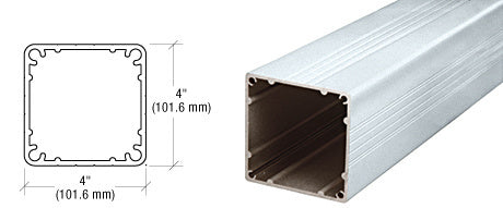A technical cross-section diagram and a perspective view of a 4-inch square aluminum post with a mill finish.