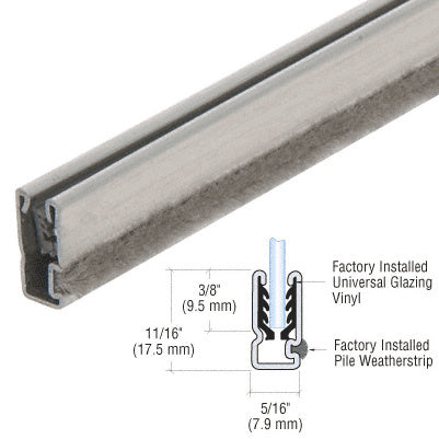 A close-up view of the CRL mill finish storm window frame showing the profile with factory-installed glazing vinyl and pile weatherstrip.